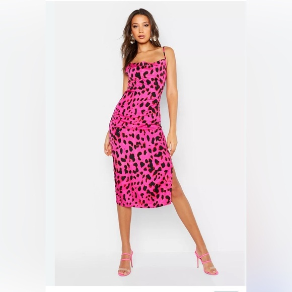 BooHoo Tall Cowl Neck Leopard Print Midi Slip Dress – Size 8 - Picture 1 of 7